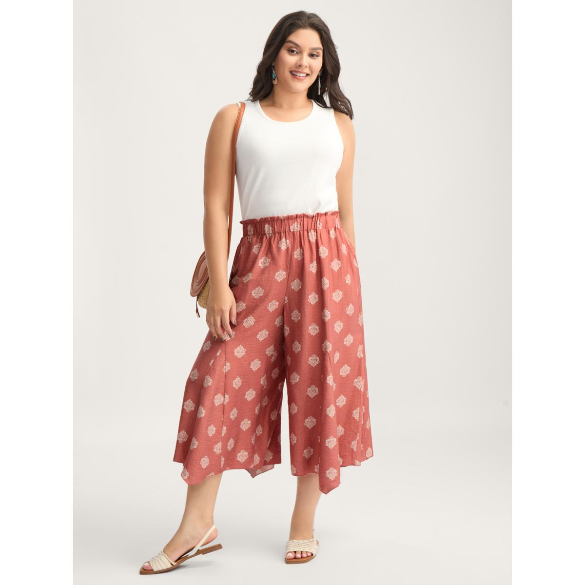 Plus Size Boho Print Irregular Hem Flare Pants Women Crepe Boho Bootcut Mid Rise Vacation Pants BloomChic 12/L Product Image