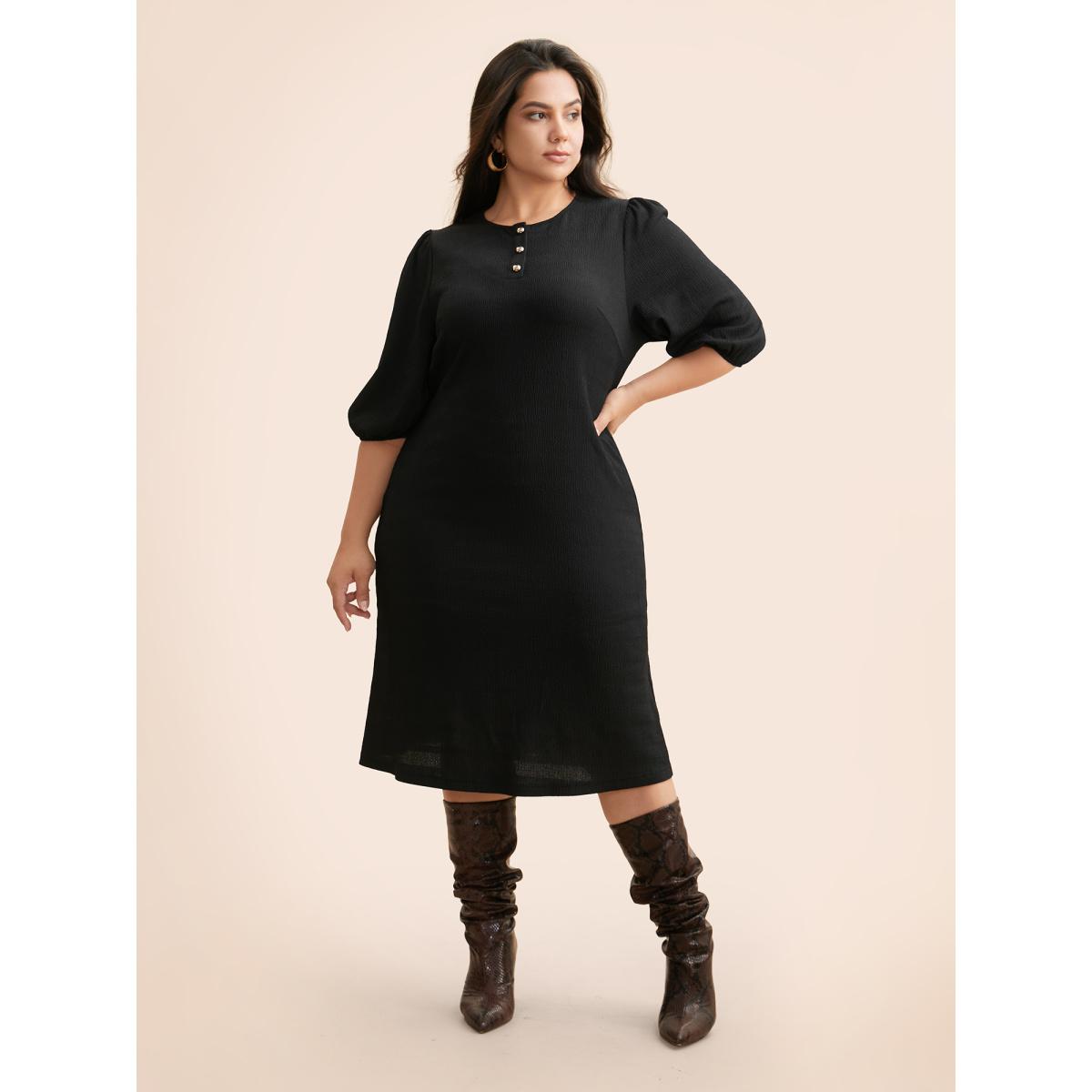 Plus Size Texture Button Up Puff Sleeve Dress Black Women Casual Texture Round Neck Half Sleeve Curvy BloomChic 26/4X Product Image