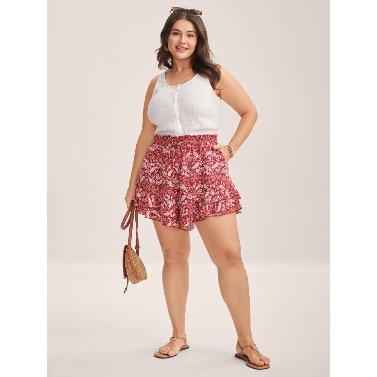 Plus Size Paisley Print Flared Wide-Leg Shorts Women Crimson Boho Drawstring Wide Leg Vacation Shorts BloomChic 12/L Product Image