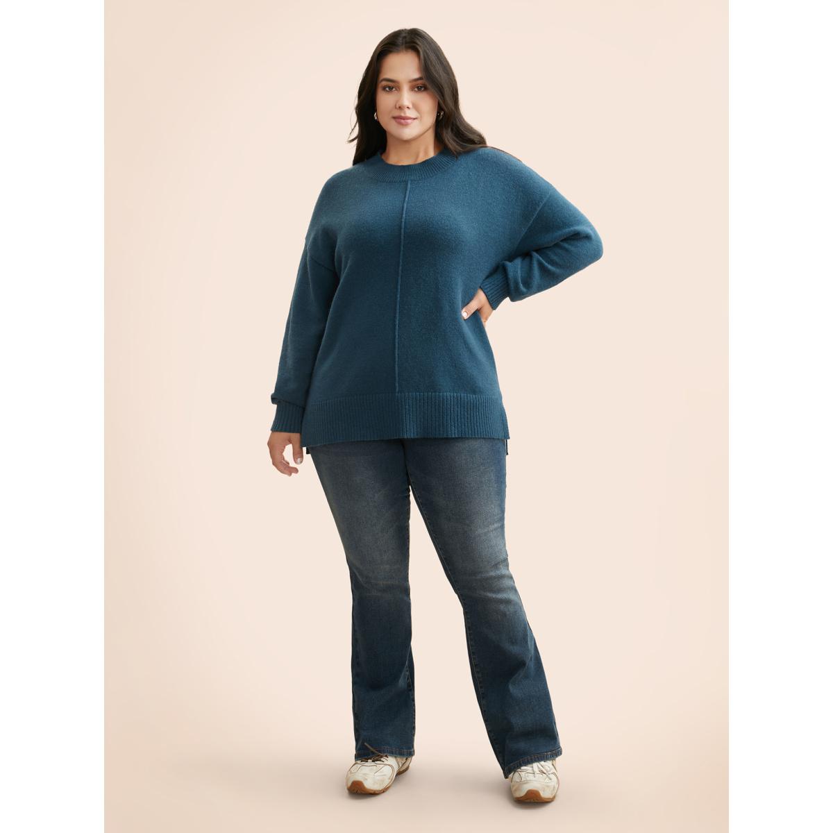 Plus Size Supersoft Essentials Split Wool Pullover Indigo Women Casual Loose Long Sleeve Round Neck Everyday Pullovers BloomChic 26/4X Product Image