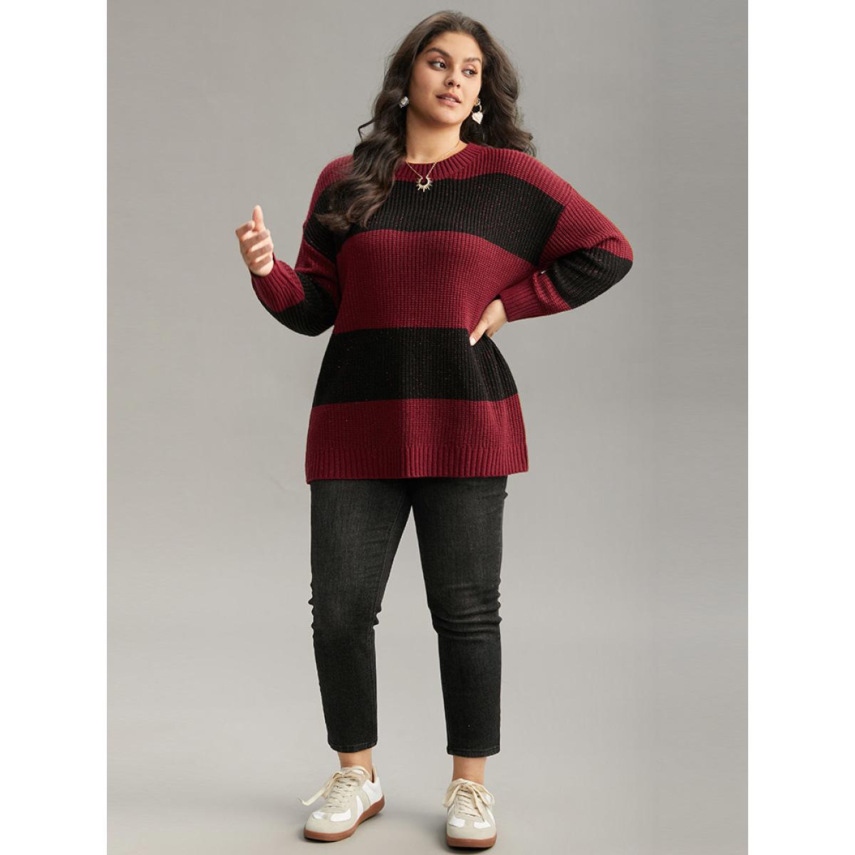 Plus Size Sparkly Two Tone Colorblock Pullover Scarlet Women Casual Loose Long Sleeve Round Neck Dailywear Pullovers BloomChic 18-20/2X Product Image