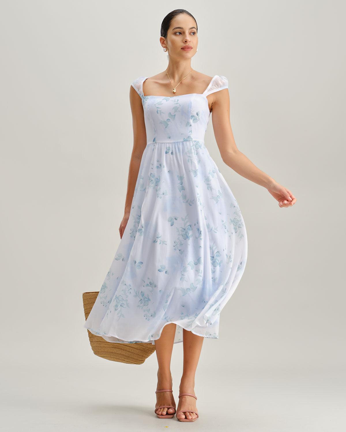 Blue Floral Sweetheart Neck Slip Midi Dress Product Image