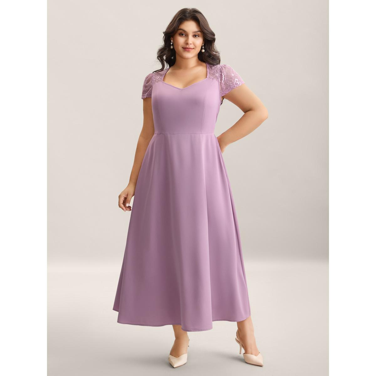 Plus Size Sheer Lace Sleeve Spliced Pockets Maxi Dress Mauve Women V-neck Cap Sleeve Curvy BloomChic 28/5X Product Image