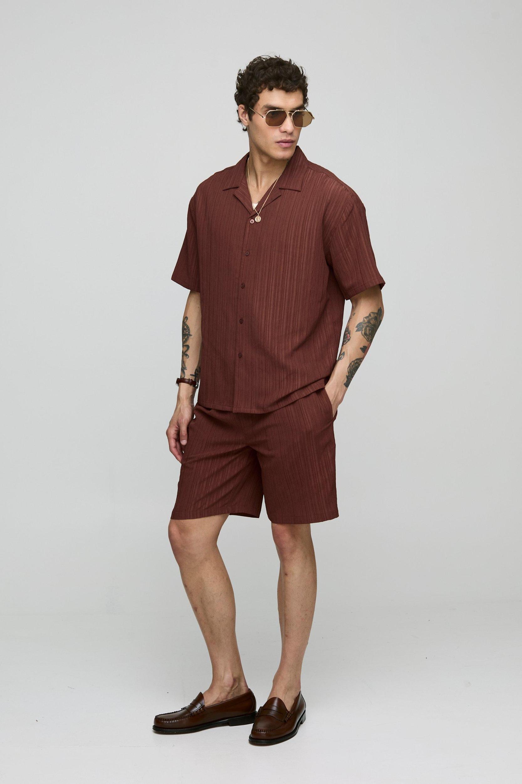 Oversized Textured Short Sleeve Shirt & Short Set | boohooMAN USA Product Image