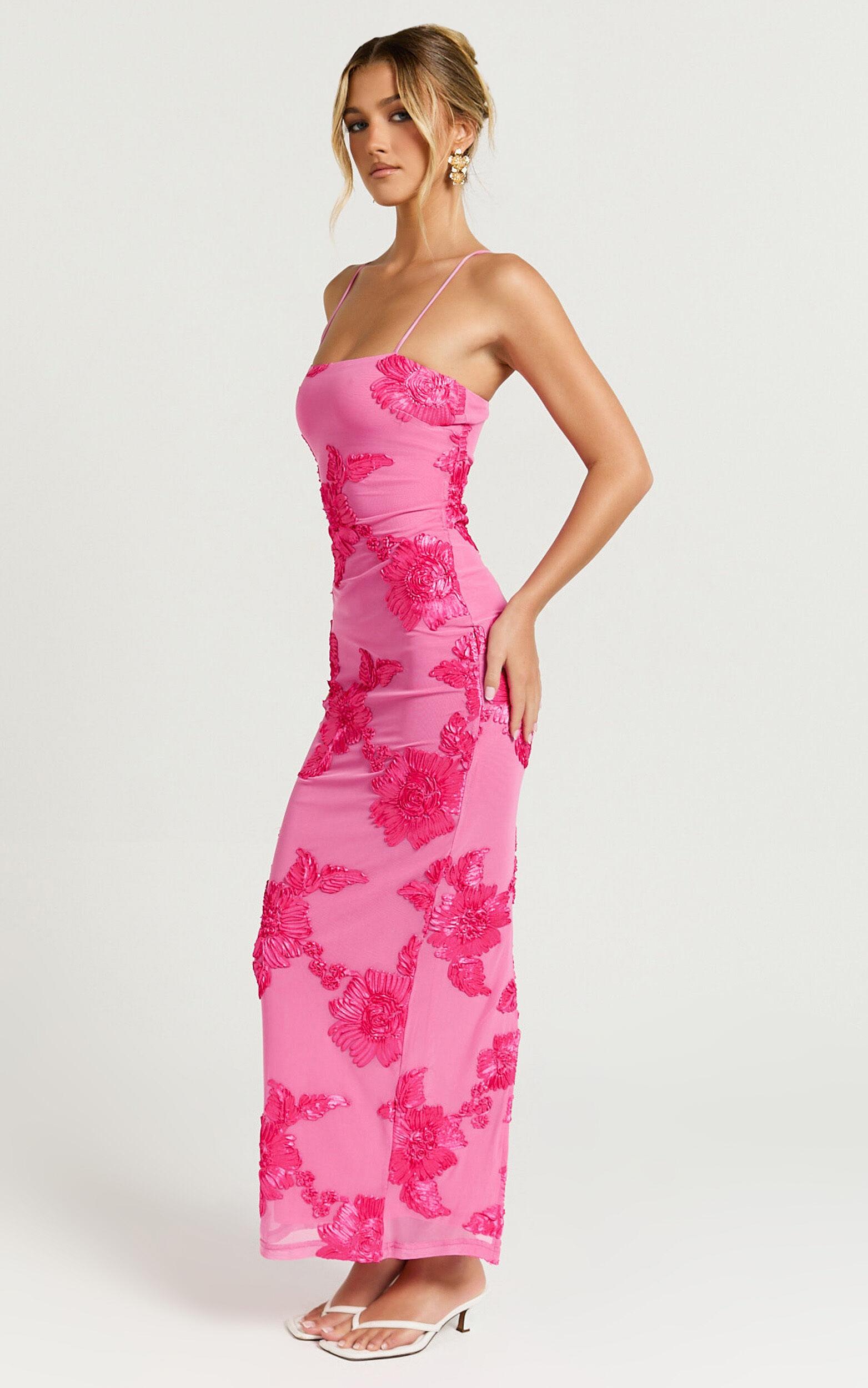 Mina Midi Dress - Embroidered Mesh Dress in Pink Product Image