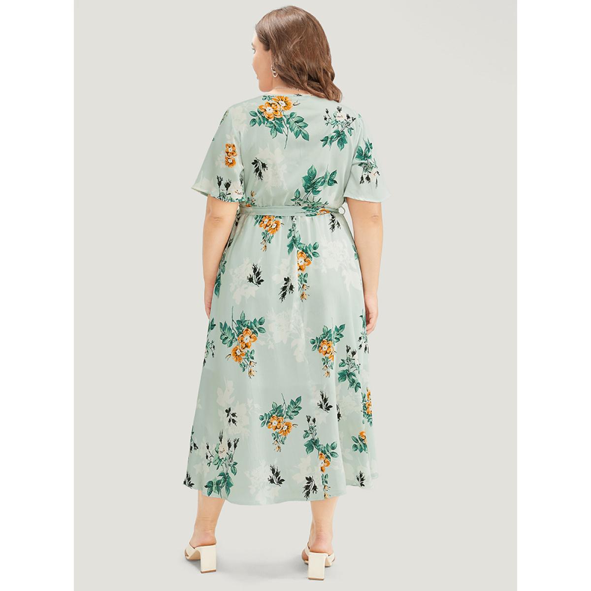 Plus Size Floral Pocket Ruffle Sleeve Wrap Belt Asymmetrical Hem Dress LightGreen Women Elegant Cross straps V-neck Short sleeve Curvy Midi Dress BloomChic 30/6X Product Image