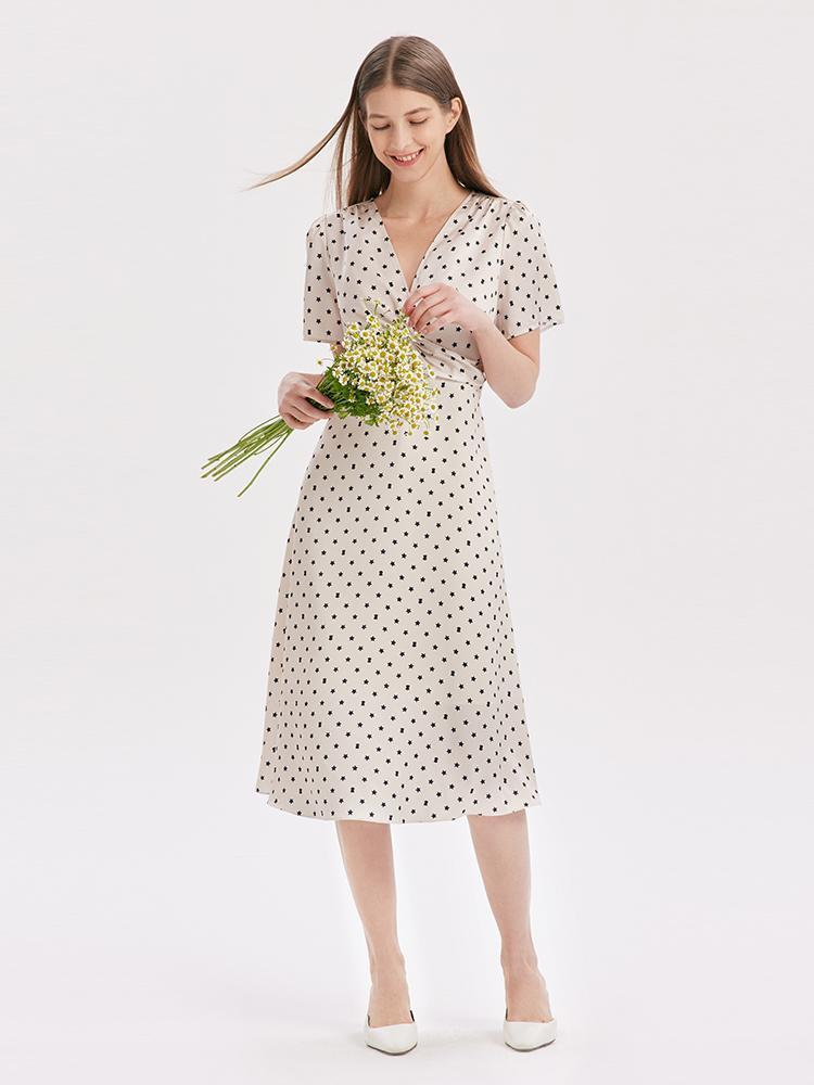 Beige Combo Print V-Neck Twisted Polka Dot Midi Dress Product Image