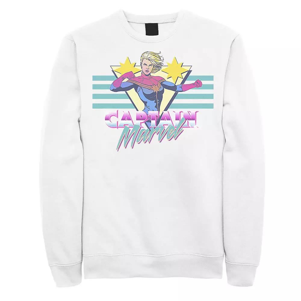 Men's Marvel Captain Marvel Action Pose Retro 80's Logo Poster Graphic Fleece Pullover, Size: XL, White Product Image