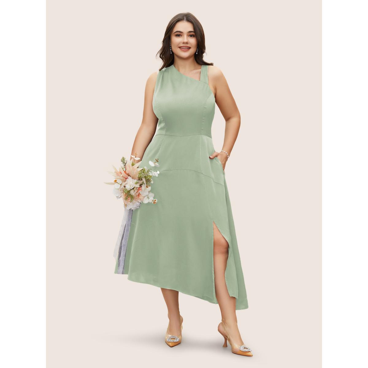 Plus Size Solid Asymmetrical Neck Split Hem Dress Palemauve Women Formal Asymmetrical Neck Sleeveless Curvy Midi Dress BloomChic 28/5X Product Image