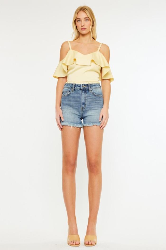 High Rise Distressed Denim Shorts Product Image