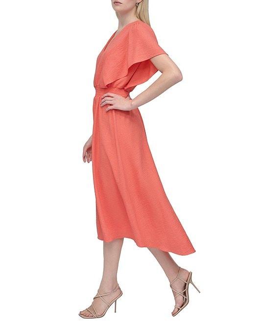 DKNY by Donna Karan V-Neck Flutter Sleeve Smocked Waist Gauze Blouson Midi Dress Product Image