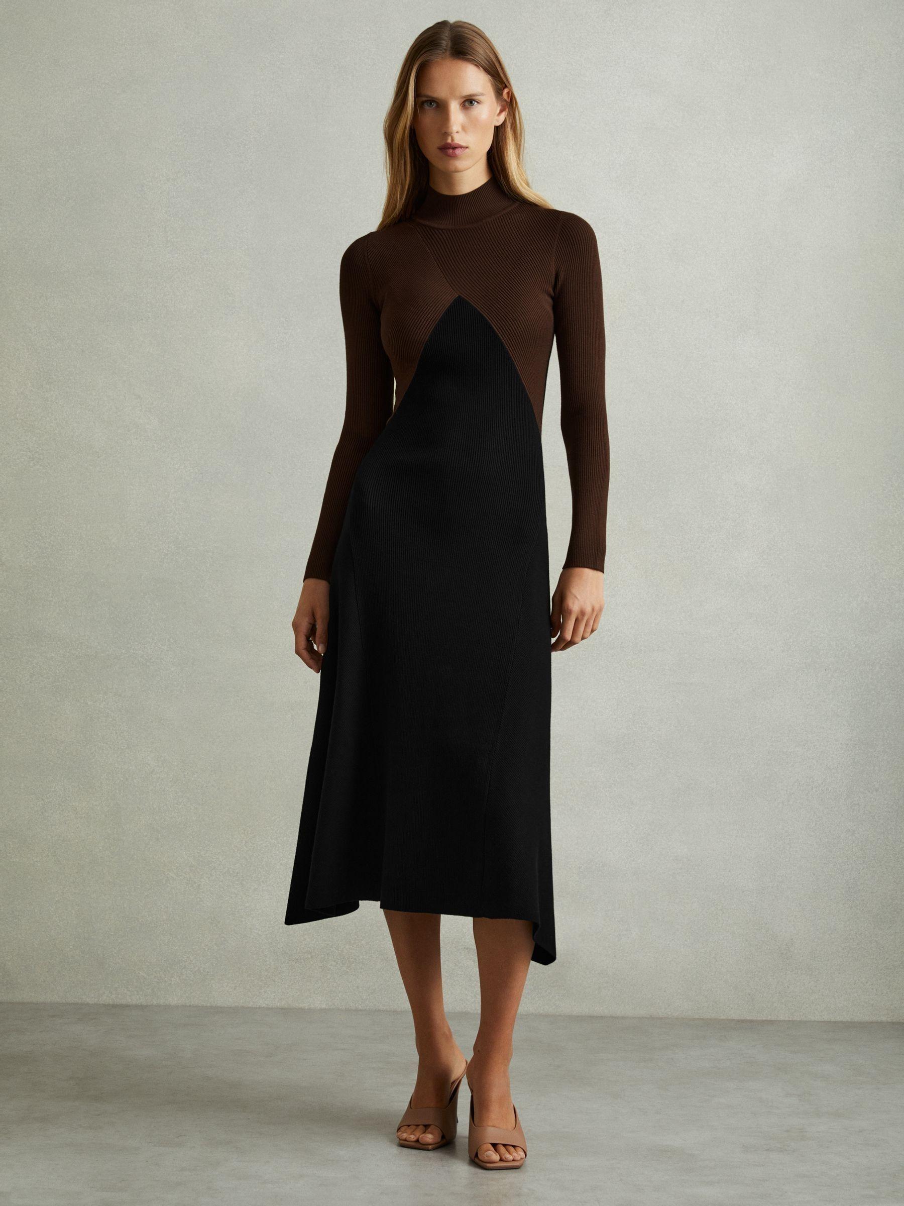 Petite Colourblock Ribbed Midi Dress in Chocolate/Black Product Image