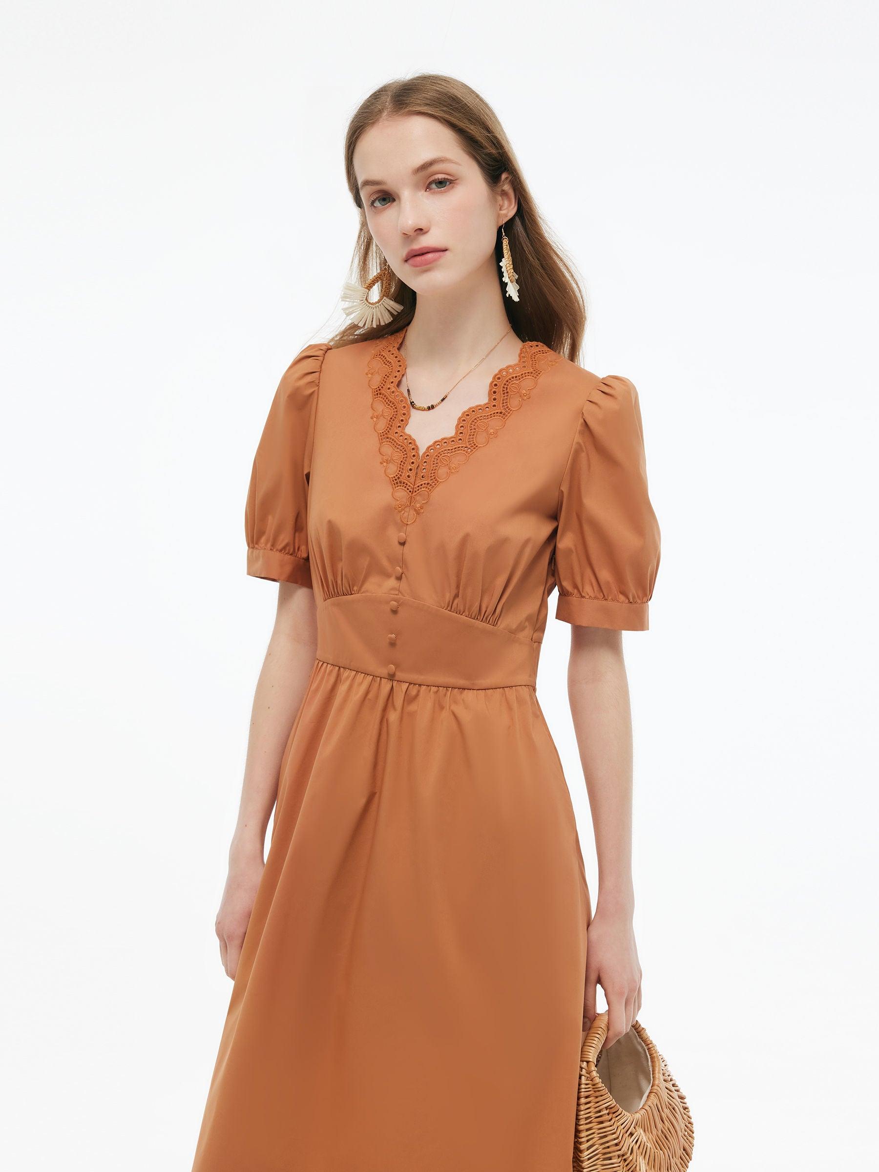 Embroidered Scallop Hem V-Neck Women Gathered Waist Maxi Dress Product Image