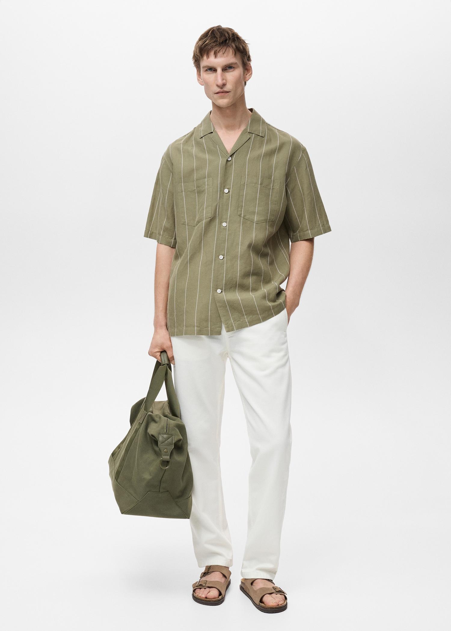 Linen bowling shirt with pinstripes - Men | MANGO USA Product Image