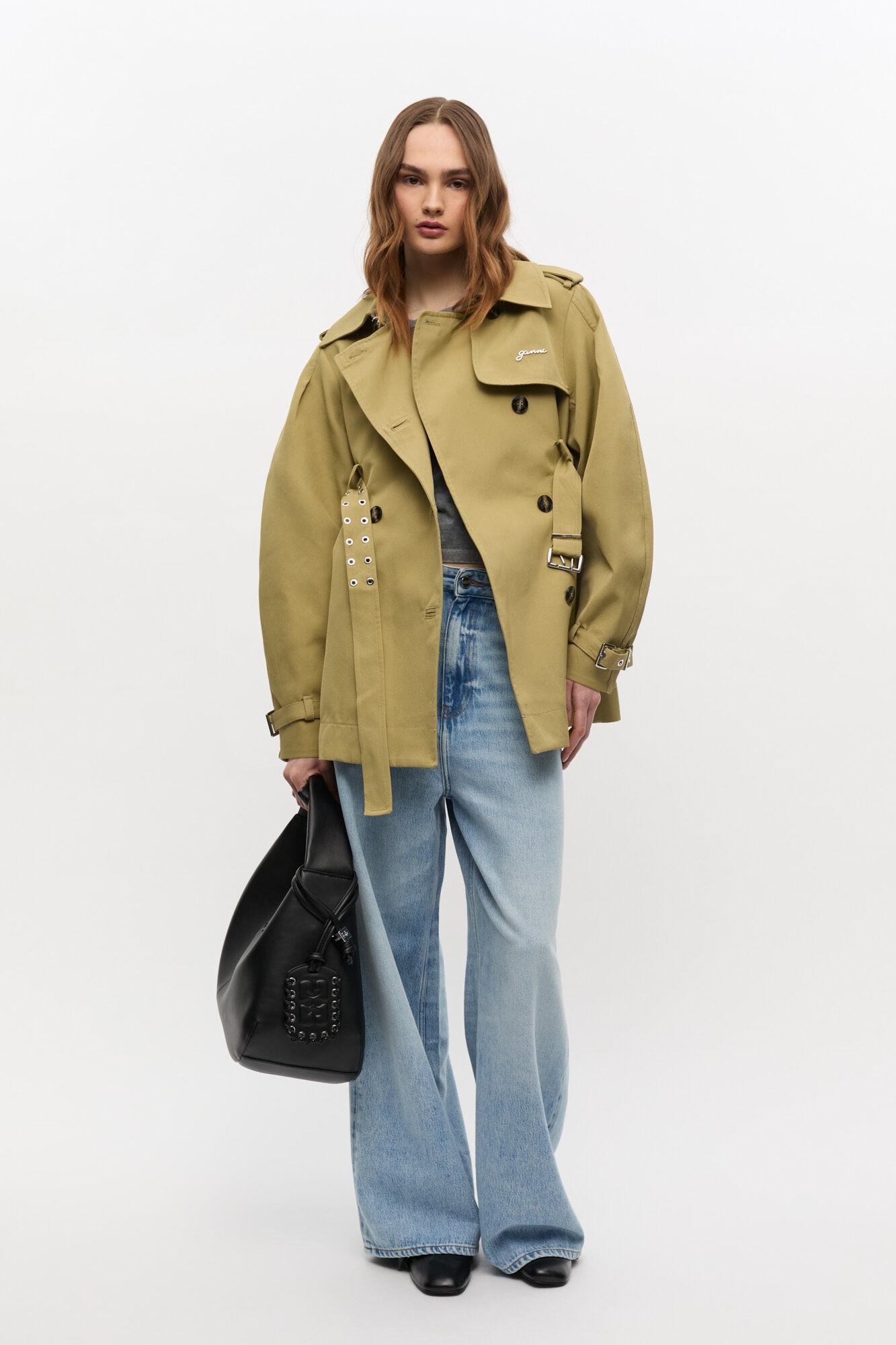 Beige Heavy Twill Midi Trench Coat Product Image