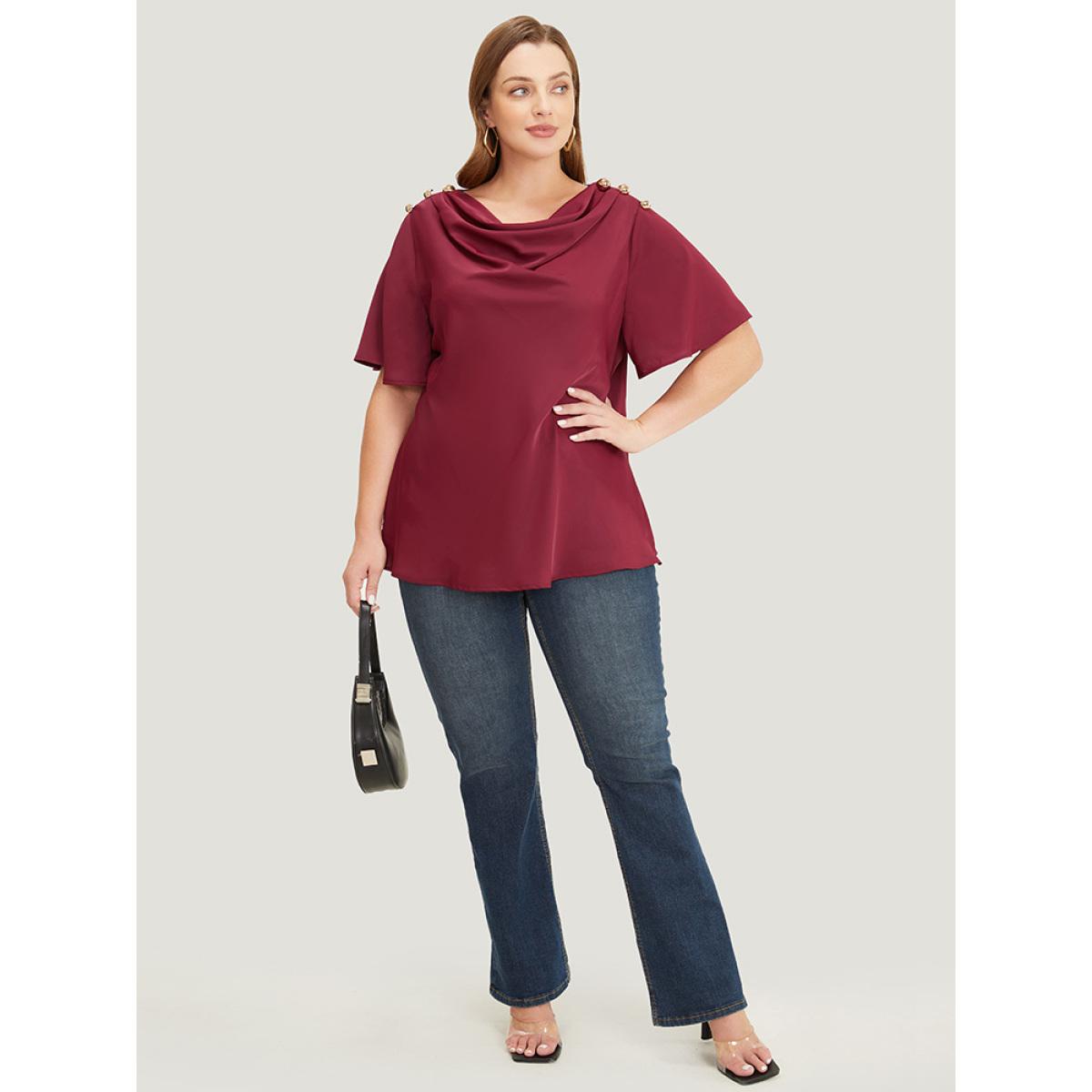 Plus Size Scarlet Plain Cowl Neck Button Detail Flutter Sleeve Blouse Women Office Short sleeve Cowl Neck Office Blouses BloomChic 12/L Product Image