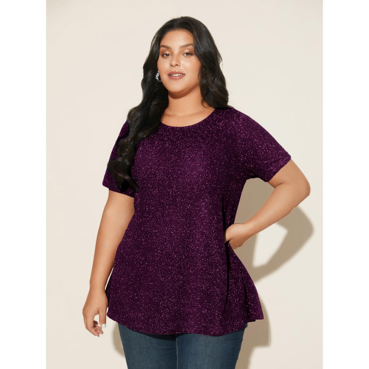 Plus Size Shimmering Gold & Silver Thread A-Line Tee Black Women Leisure Non Round Neck Loose Casual T-shirts BloomChic 12/L Product Image