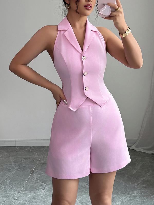 Sleeveless Backless Buttoned Solid Color Tied Notched Collar Vest Top + Elasticity Pockets Shorts Bottom Two Pieces Set Product Image