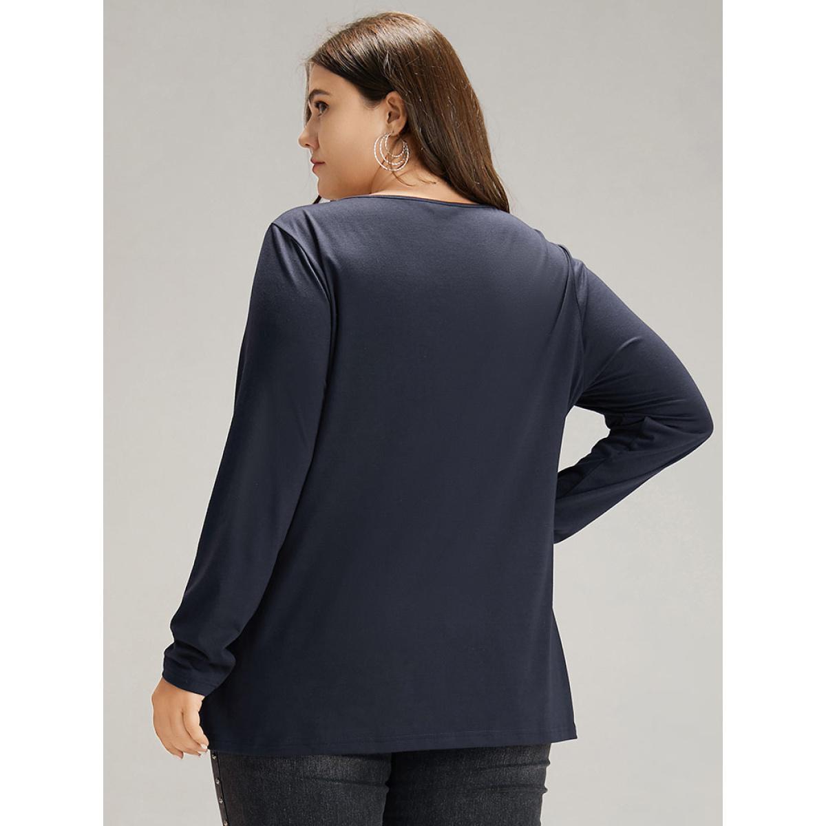 Plus Size Plain Half Zip Button Detail T-shirt Midnight Women Casual Plain Plain Open Front Everyday T-shirts BloomChic 14-16/1X Product Image