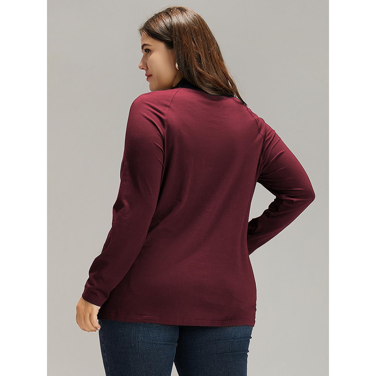 Plus Size Cotton Mock Neck Raglan Sleeve T-shirt Burgundy Women Elegant Plain Plain Mock Neck Dailywear T-shirts BloomChic 10/M Product Image