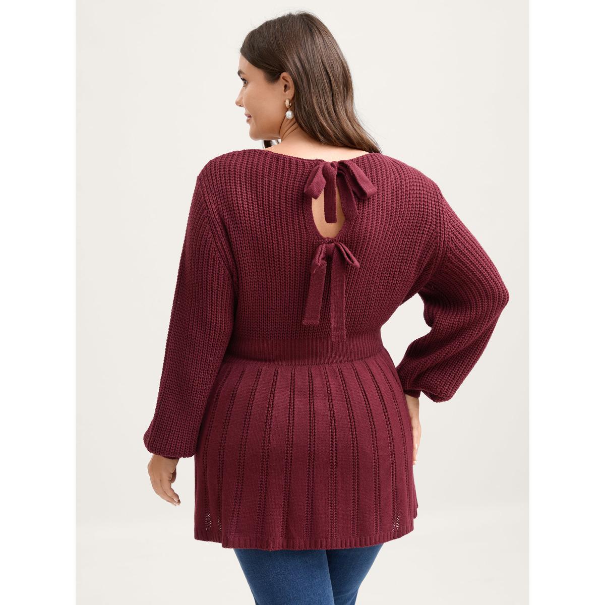 Plus Size Backless Ties Textured Cinched Pullover Deepred Women Timeless Bodycon Long Sleeve V-neck Elegant Pullovers BloomChic 18-20/2X Product Image