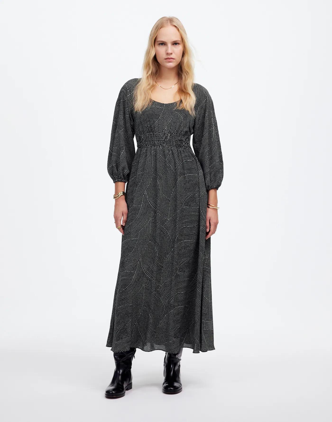Balloon-Sleeve Ruched Midi Dress in Dot Product Image