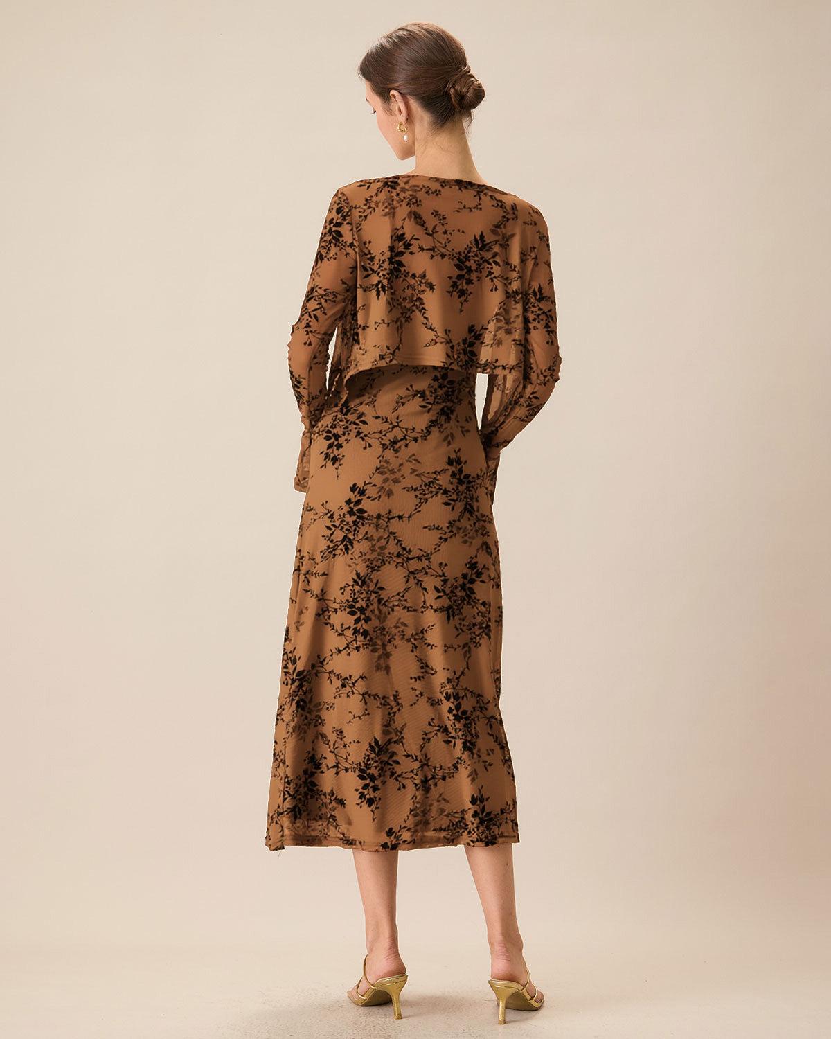 Brown Floral Two-piece Midi Dress Product Image