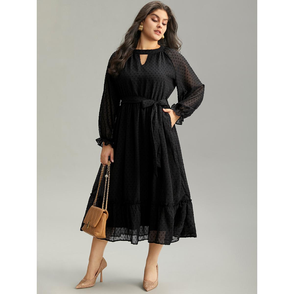 Plus Size Chiffon Texture Belted Mesh Keyhole Frill Trim Dress Black Women Office Texture Keyhole Cut-Out Long Sleeve Curvy Midi Dress BloomChic 18-20/2X Product Image