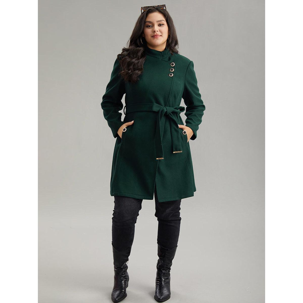 Plus Size Solid Metal Detail Belted Pocket Coat Women DarkGreen Elegant Plain Ladies Everyday Winter Coats BloomChic 28/5X Product Image