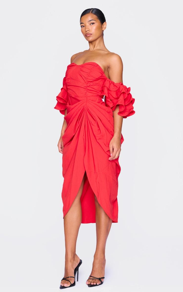 Red Bardot Frill Sleeve Draped Midi Dress Product Image