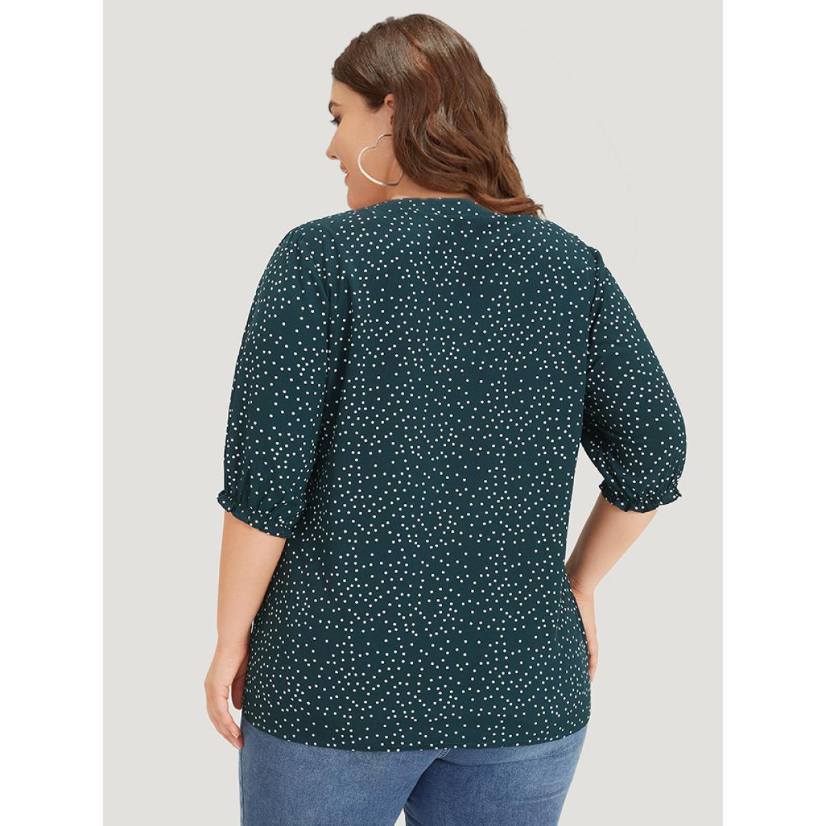 Plus Size DarkGreen Polka Dot Knot Neck Lantern Sleeve Blouse Women Office Half Sleeve Tie Neck Work Blouses BloomChic 22-24/3X Product Image