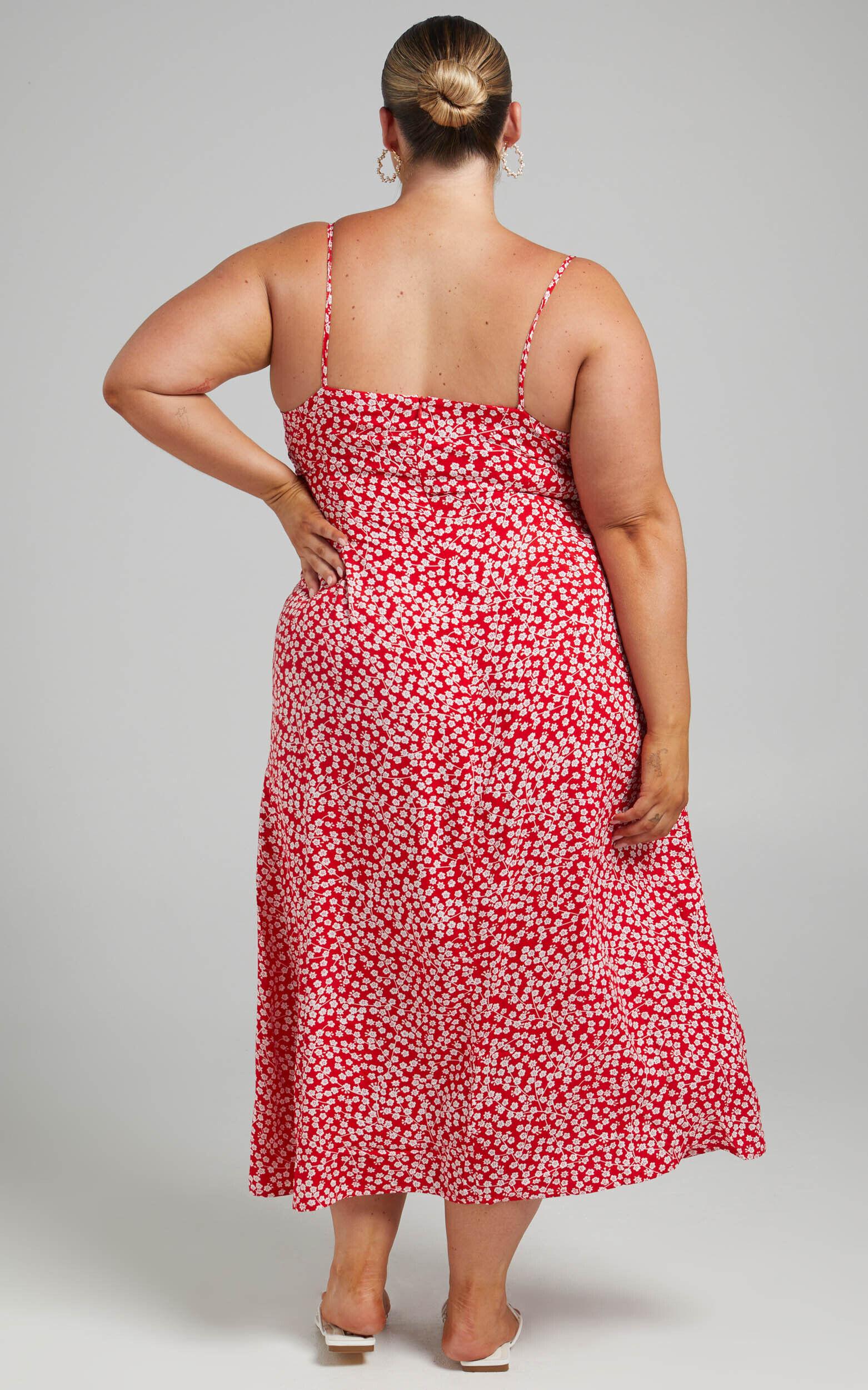 Willa Midi Dress - Ruched Bust Thigh Split Dress in Red Floral Product Image