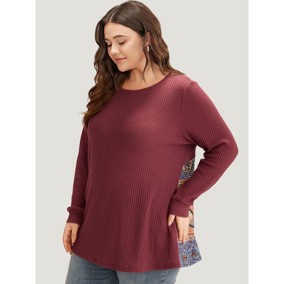 Plus Size Bandana Patchwork Crew Neck Elastic Cuffs Sweatshirt Women Russet Casual Round Neck Everyday Sweatshirts BloomChic 30/6X Product Image