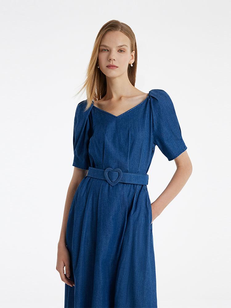 Denim Women Midi Dress With Heart-Shaped Buckle Belt Product Image