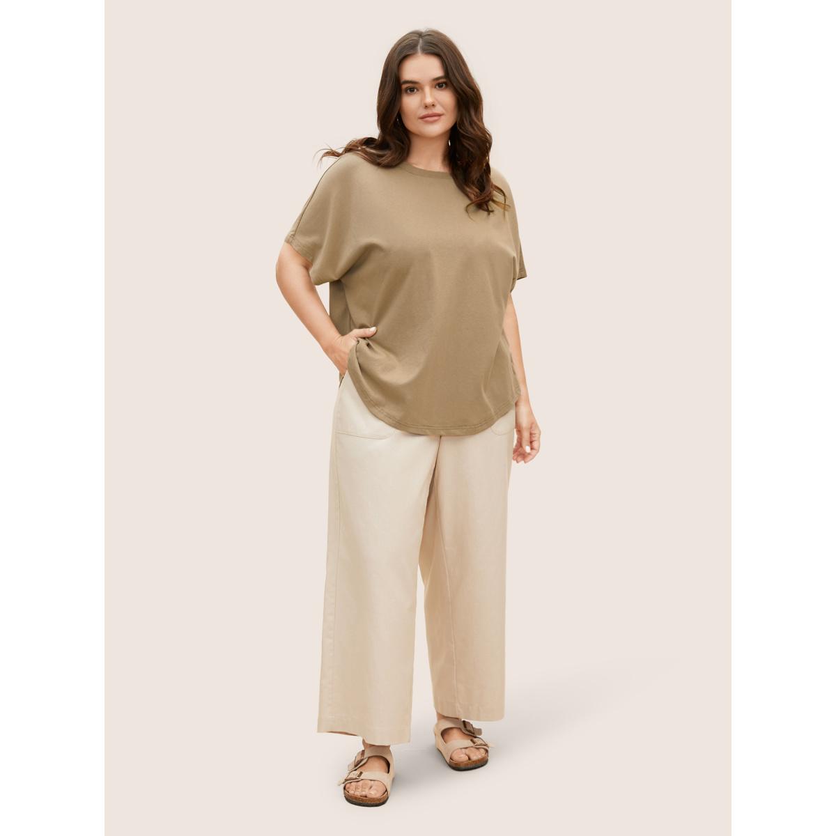 Plus Size Cotton Back Button Detail Dolman Sleeve T-shirt LightBrown Women Casual Button Round Neck Everyday T-shirts BloomChic 22-24/3X Product Image