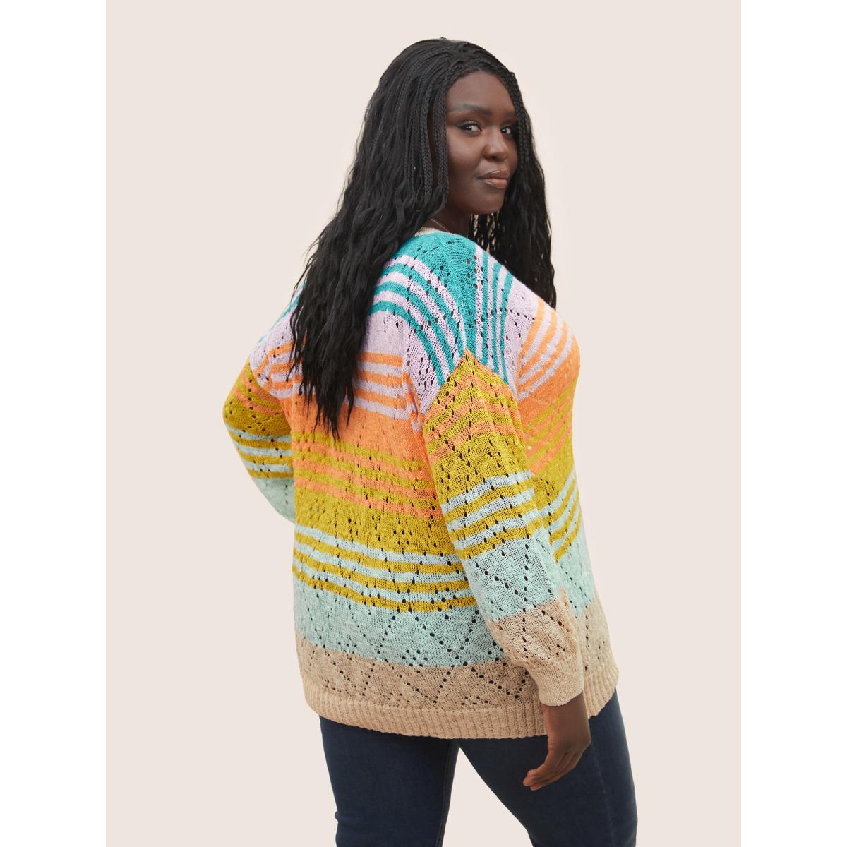 Plus Size Color Striped Hollow Out Pullover Multicolor Women Playful Long Sleeve V-neck Casual Pullovers BloomChic 10/M Product Image