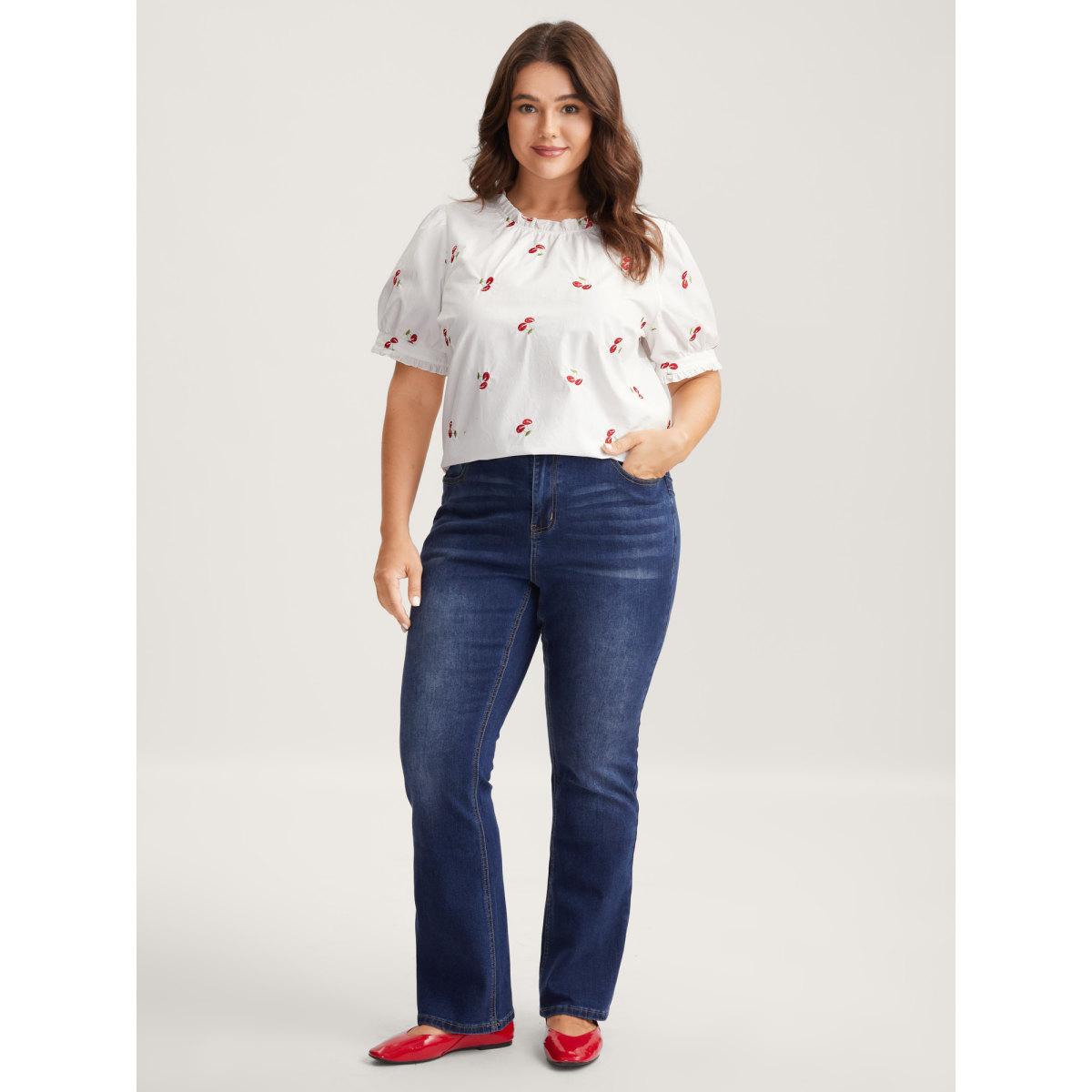 Plus Size WhiteSmoke Cotton Cherry Embroidery Ruffled Neck Blouse Women Timeless Short sleeve Round Neck Elegant Blouses BloomChic 18-20/2X Product Image