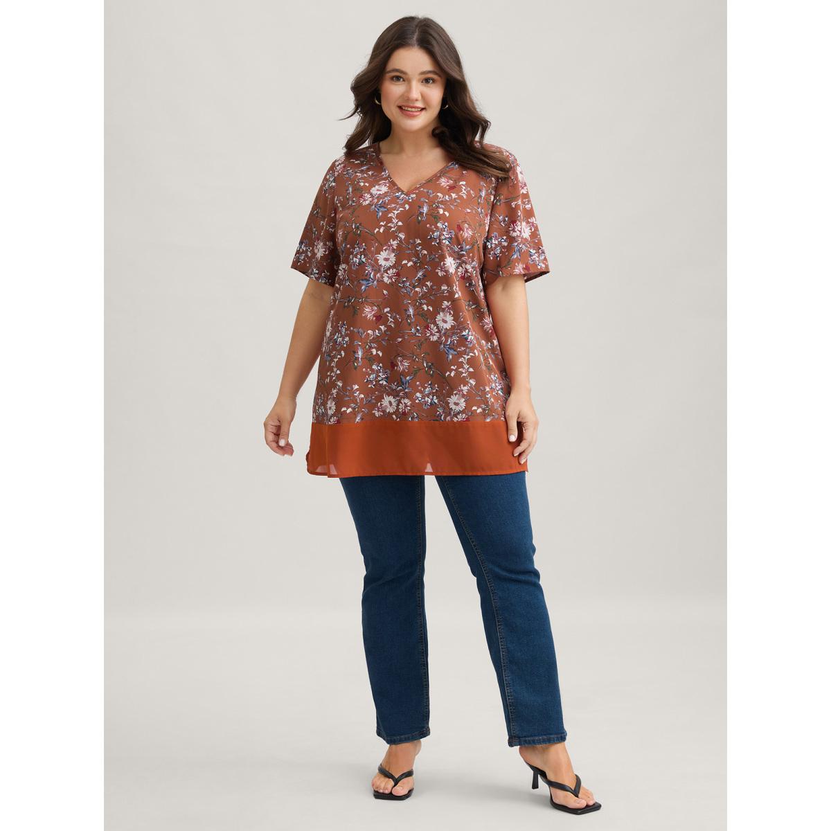Plus Size Browncoffeecolor Garden Print Spliced V-Neck Blouse Women Romantic Short sleeve V-neck Elegant Blouses BloomChic 22-24/3X Product Image