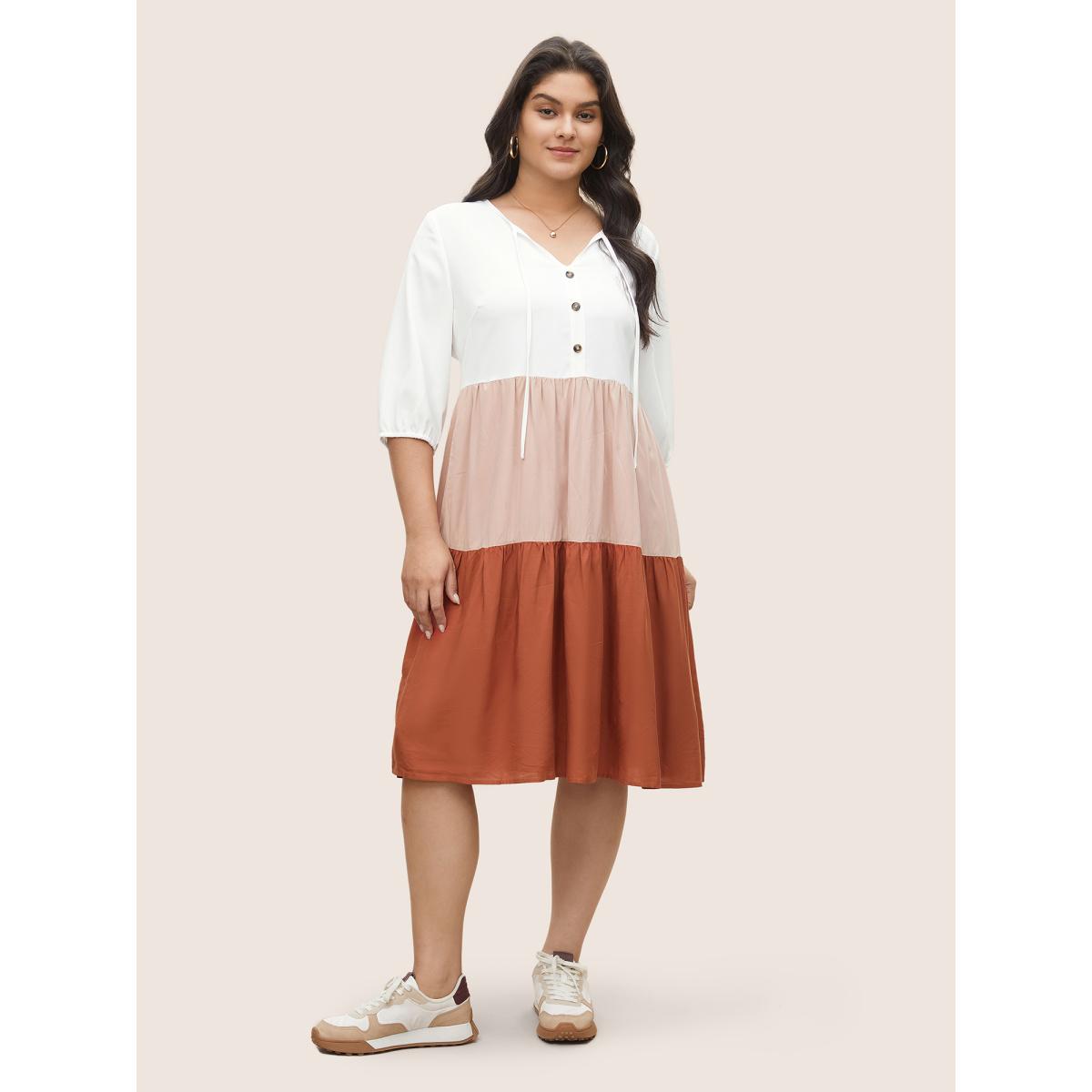 Plus Size Colorblock Contrast Patchwork Tie Neck Dress Multicolor Women Casual Non V-neck Elbow-length sleeve Curvy Midi Dress BloomChic 10/M Product Image