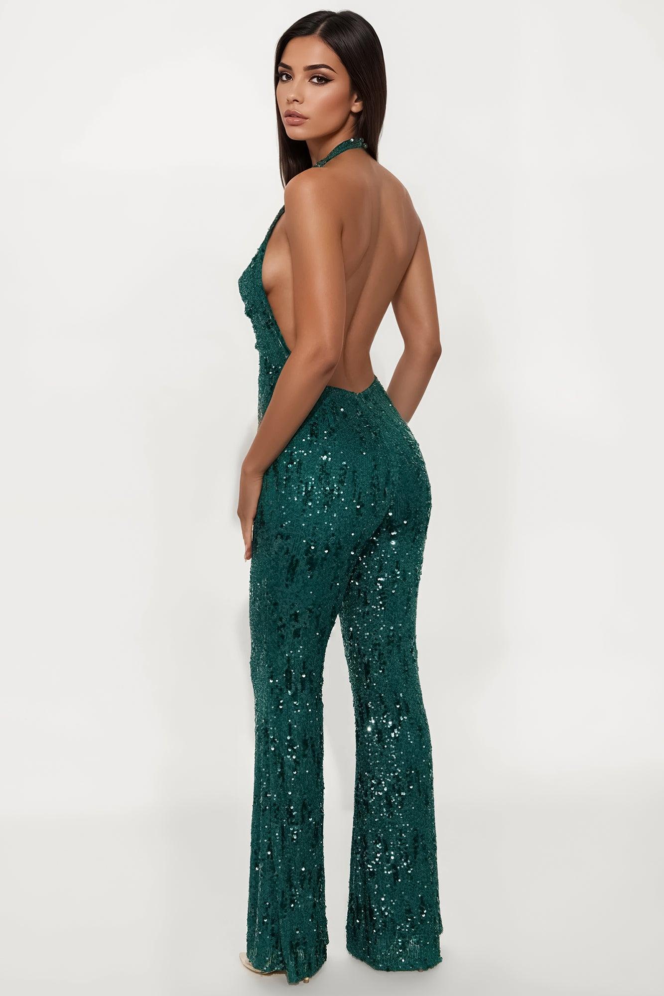 Astrid Backless Sequin Halter Jumpsuit - Teal Female Product Image