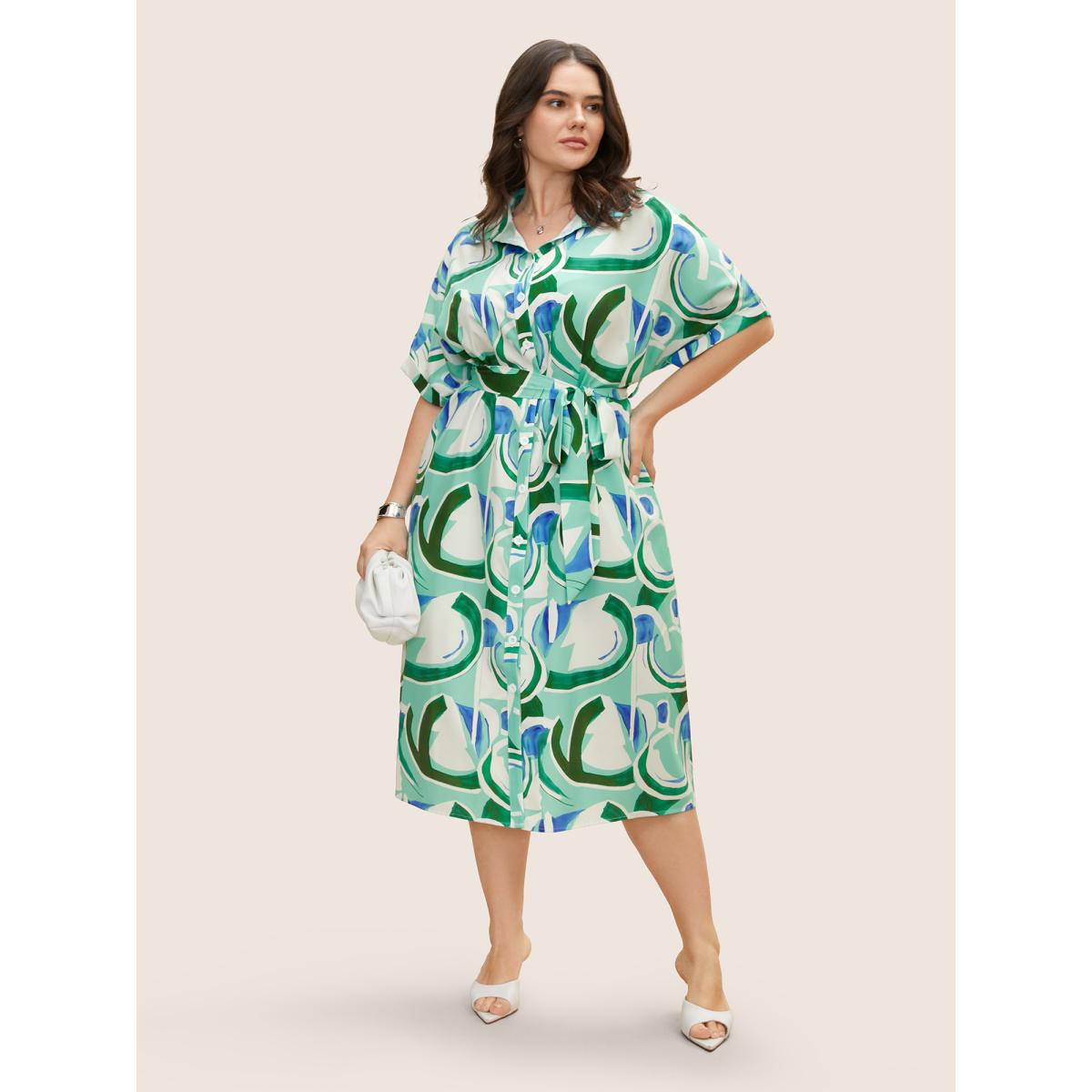 Plus Size Geometric Elastic Waist Drop Shoulder Sleeve Midi Dress Arctic Women At the Office Belted Shirt collar Short sleeve Curvy BloomChic 12/L Product Image