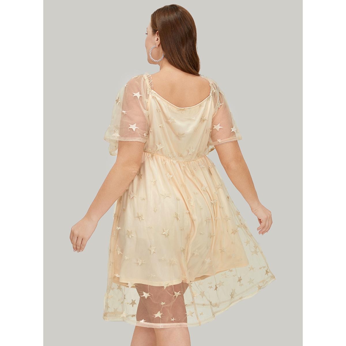 Plus Size Star Embroidered Mesh Ruffle Sleeve Frill Trim Dress Beige Women Glamour Lined V-neck Short sleeve Curvy Knee Dress BloomChic 26/4X Product Image