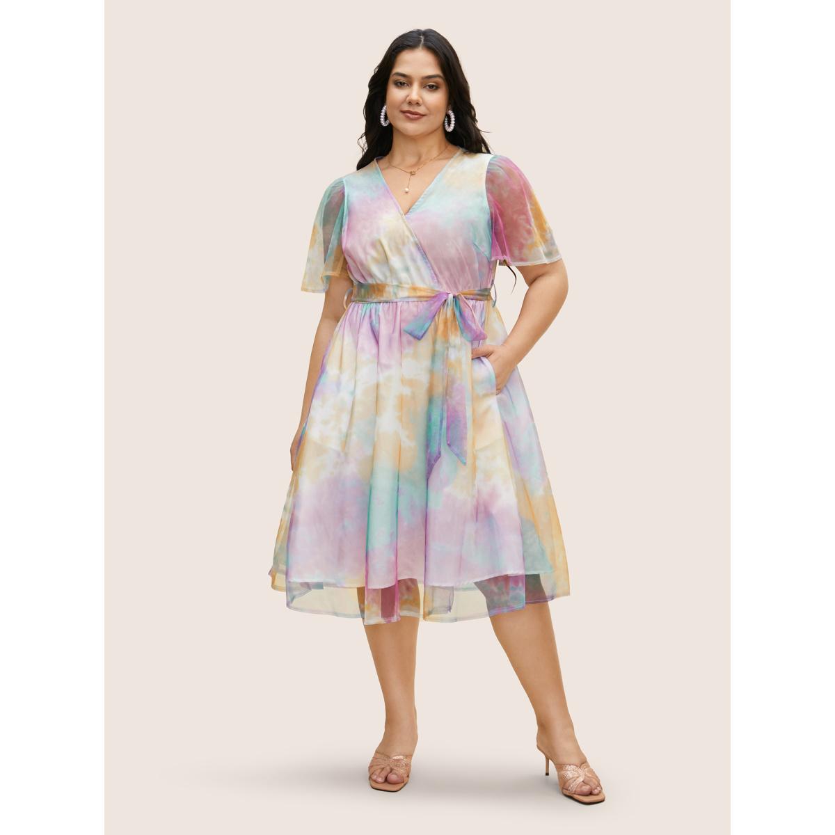Plus Size Tie Dye Wrap Belted Midi Dress Multicolor Women Elegant Belted Overlap Collar Short sleeve Curvy BloomChic 30/6X Product Image