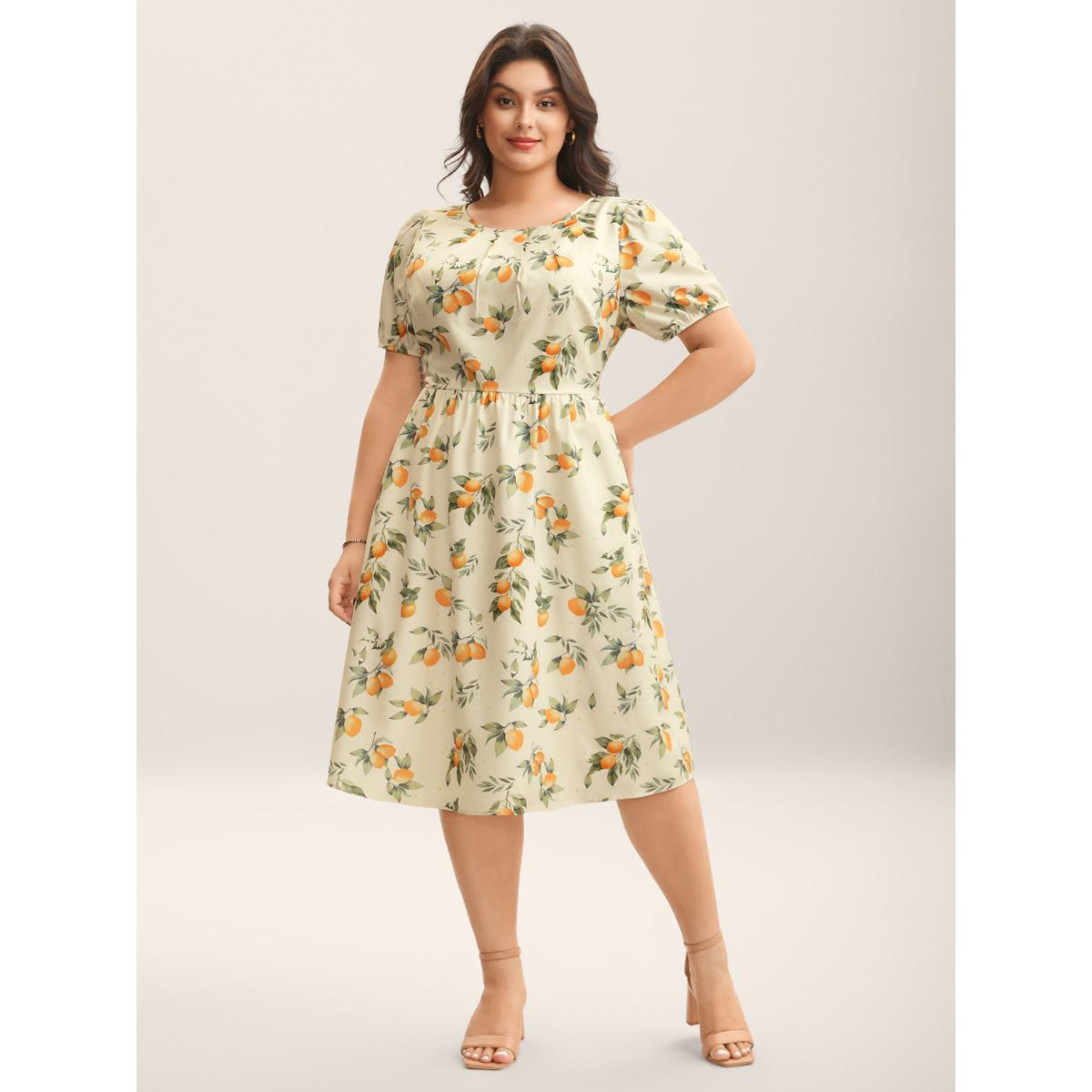 Plus Size Citrus Print Bow Backless Midi Dress Apricot Women Romantic Boat Neck Short sleeve Curvy BloomChic 22-24/3X Product Image