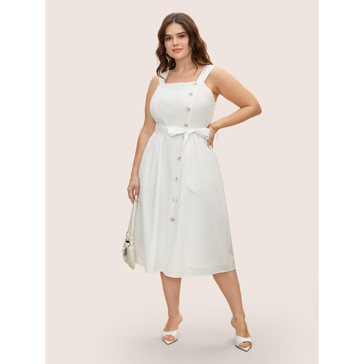 Plus Size Square Neck Button Detail Split Hem Dress Originalwhite Women At the Office Belted Non Sleeveless Curvy BloomChic 22-24/3X Product Image