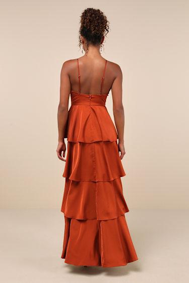 Going with Elegance Rust Brown Satin Tiered Gown Product Image