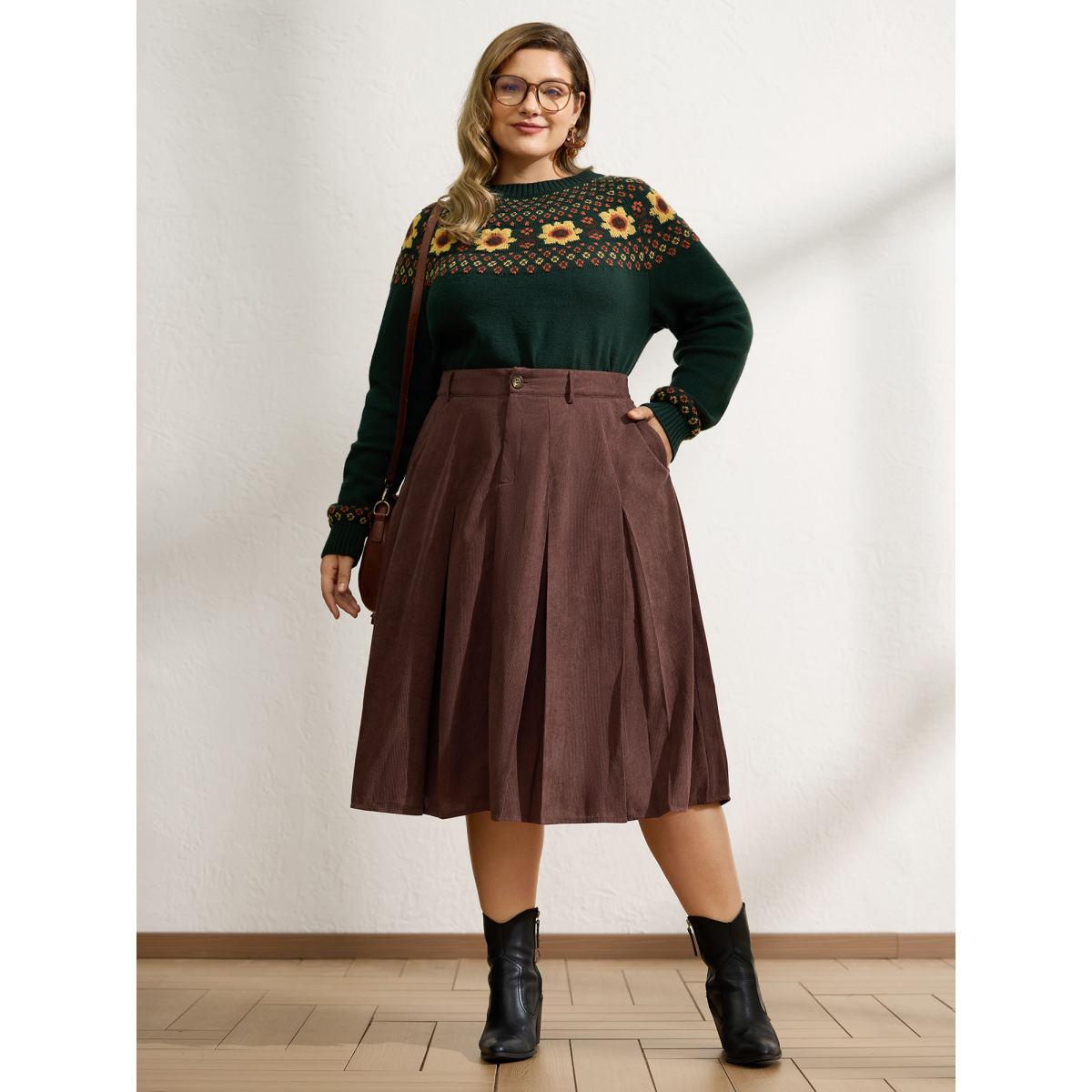 Plus Size Pleated Waist-Defining Midi Skirt Women DarkBrown Retro Bodycon Low stretch Slanted pocket Elegant Skirts BloomChic 14-16/1X Product Image