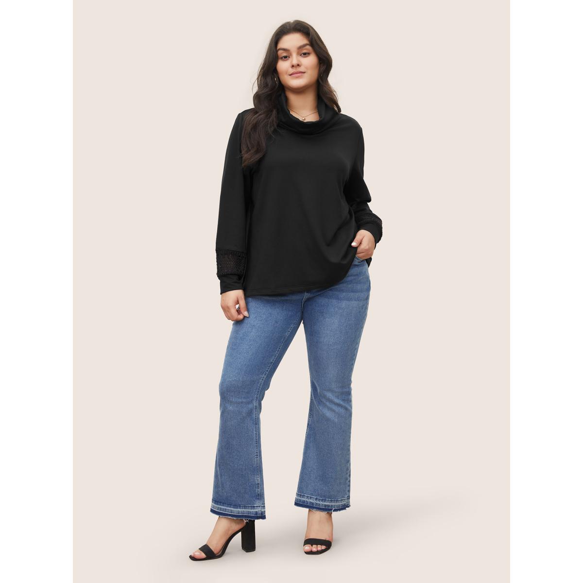 Plus Size Plain Turtle Neck Crochet Lace Sweatshirt Women Black Casual Non Turtleneck Everyday Sweatshirts BloomChic 12/L Product Image