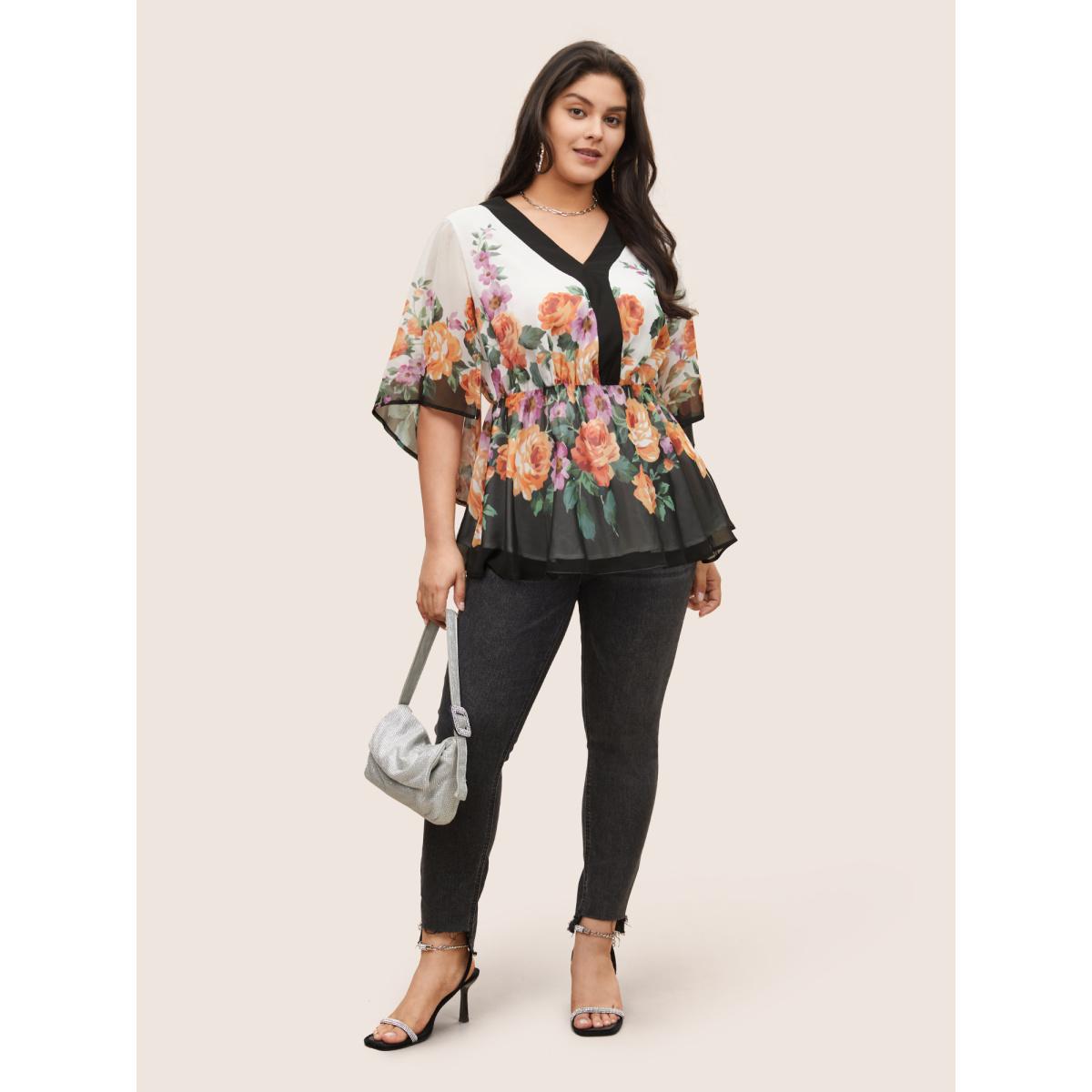 Plus Size Multicolor Floral Contrast Trim Elastic Waist Flutter Sleeve Blouse Women Cocktail Half Sleeve V-neck Party Blouses BloomChic 12/L Product Image