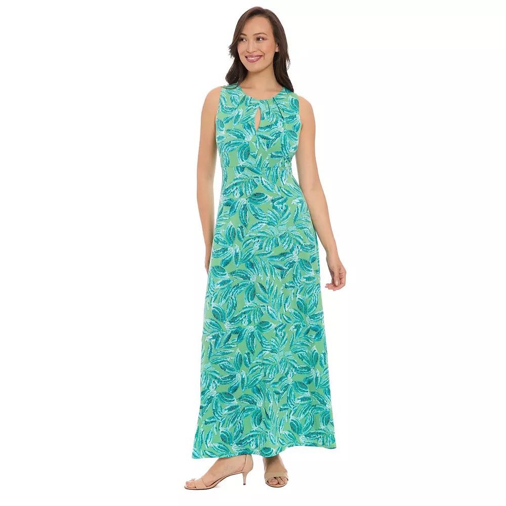 Women's London Times Falling Leaves Print Keyhole Neck Pleated Maxi Dress, Size: 8, Green Product Image